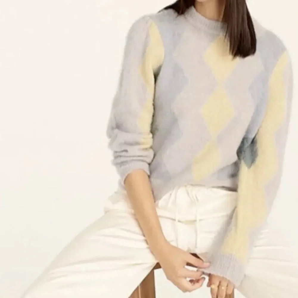 J. CREW Diamond Checked Argyle Cropped Crewneck Sweater Blue Cream Size Small